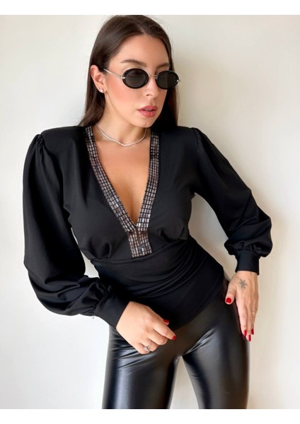 Rengastyle Kadın Taş Detay V Yaka Vatkalı Balon Kol Mikro Kumaş Bluz modelleri