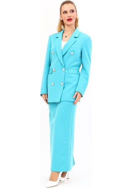 Erkek Yaka Kuruvaze Blazer Ceket & Uzun Düz Dar Etek-Turkuaz
