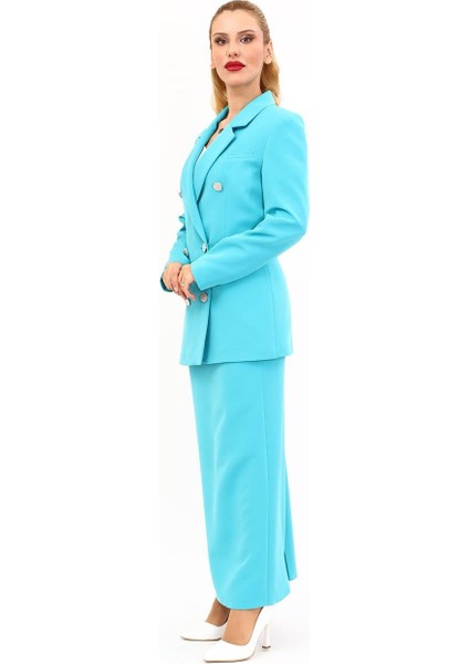 Erkek Yaka Kuruvaze Blazer Ceket & Uzun Düz Dar Etek-Turkuaz fiyatları