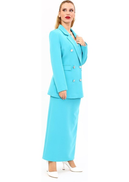 Erkek Yaka Kuruvaze Blazer Ceket & Uzun Düz Dar Etek-Turkuaz modelleri