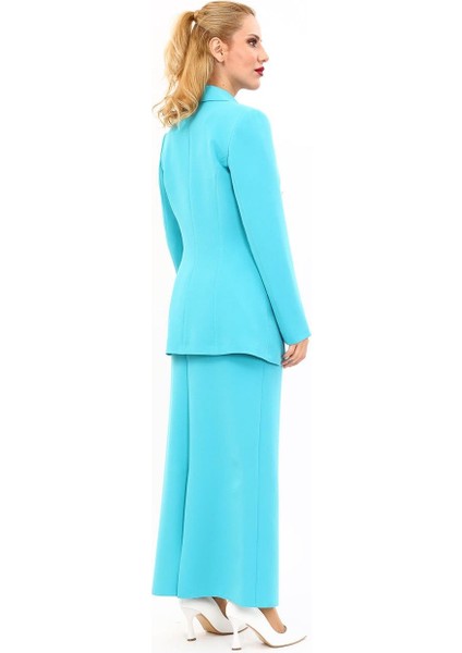 Erkek Yaka Kuruvaze Blazer Ceket & Uzun Düz Dar Etek-Turkuaz fırsatları