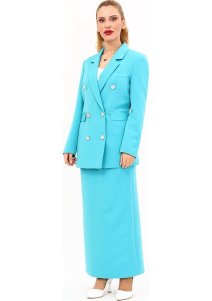 Erkek Yaka Kuruvaze Blazer Ceket & Uzun Düz Dar Etek-Turkuaz indirimleri