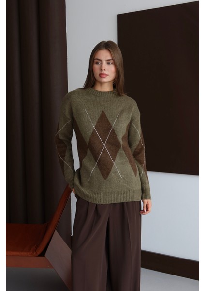 Haki Kahverengi Baklava Desen Kazak