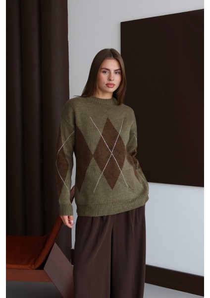 Haki Kahverengi Baklava Desen Kazak modelleri