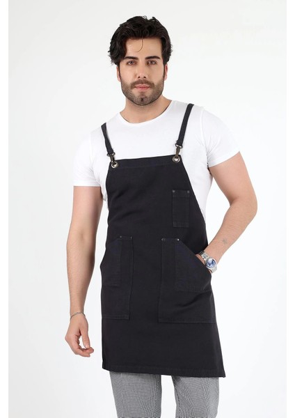 Barista Askılı Önlük Kanguru Cepli - Füme