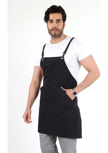 Barista Askılı Önlük Kanguru Cepli - Füme modelleri