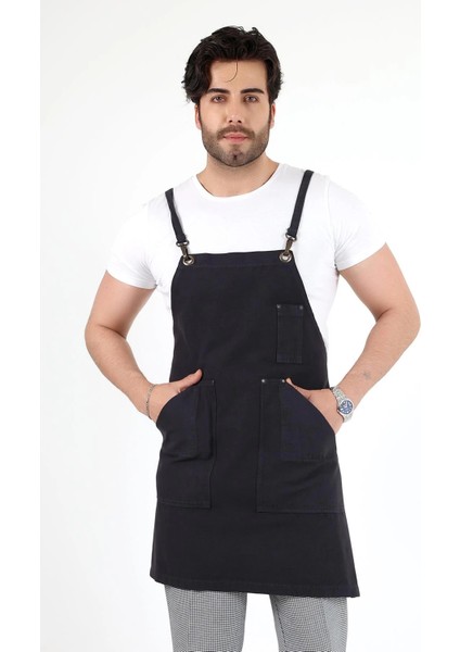 Barista Askılı Önlük Kanguru Cepli - Füme indirimleri