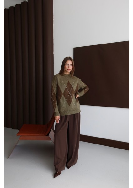 Haki Kahverengi Baklava Desen Kazak fırsatları