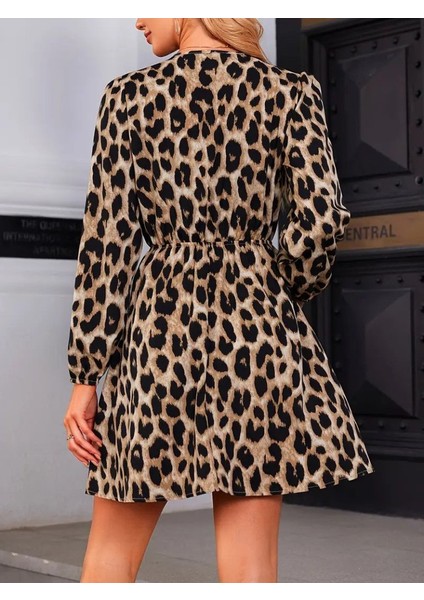Rengastyle Kadın Kruvaze Yaka Kemerli Leopar Desenli Modal Kumaş Mini Elbise modelleri