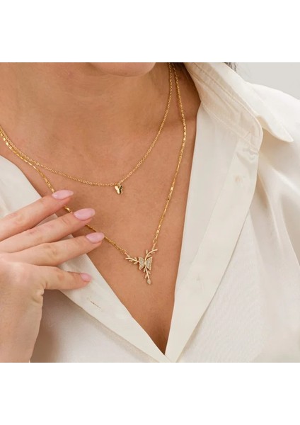 Dalda Kelebek Tasarımlı Ikili Kolye - Minimal ve Şık Kombin, Paslanmaz Çelik Zincir Gold Renk