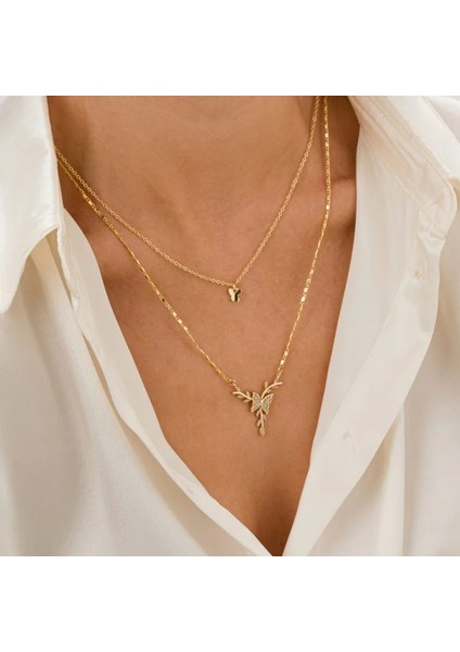 Dalda Kelebek Tasarımlı Ikili Kolye - Minimal ve Şık Kombin, Paslanmaz Çelik Zincir Gold Renk fiyatları