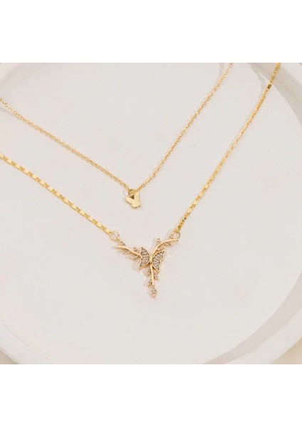 Dalda Kelebek Tasarımlı Ikili Kolye - Minimal ve Şık Kombin, Paslanmaz Çelik Zincir Gold Renk modelleri