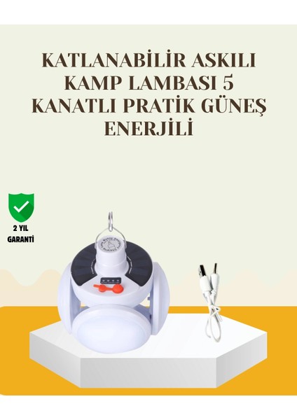 Buğz Güneş Paneliyle Şarj Olan Katlanabilir LED Çadır Lambası – 5 Kademeli Aydınlatma