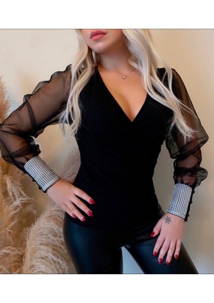 Kadın Kolu Tül Bilek Taş Detaylı Mikro Kumaş Crop Bluz