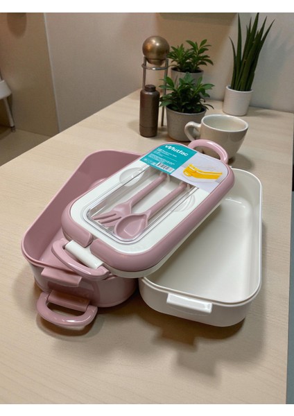 Çatal Kaşık Bölmeli 2 Katlı Yemek Kabı – Sızdırmaz Lunch Box Saklama Kutusu | 3 Renk Seçeneği (Gri, Pudra, Sarı) 20X12X12 cm
