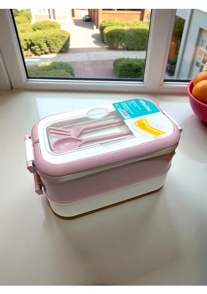 Çatal Kaşık Bölmeli 2 Katlı Yemek Kabı – Sızdırmaz Lunch Box Saklama Kutusu | 3 Renk Seçeneği (Gri, Pudra, Sarı) 20X12X12 cm