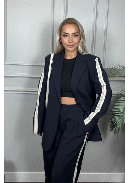 Lacivert Şerit Detaylı Kadın Pantolon Ceket Alt Üst Takım