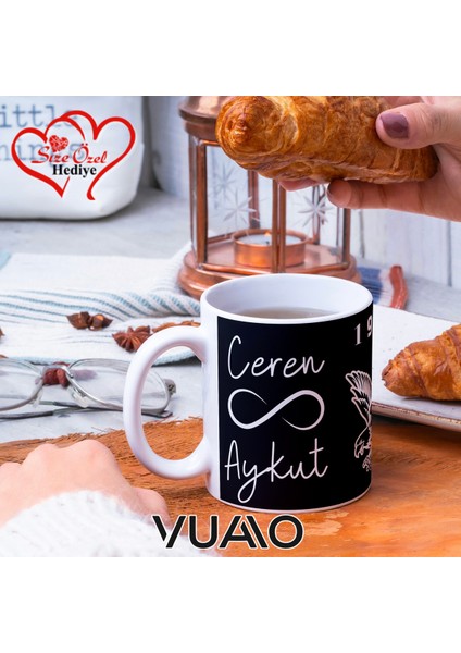 Siyah Beyaz 1903 Kartal Desenli Kişiye Özel Isim ve Fotoğraf Baskılı Hediyelik Kupa Bardak - T3