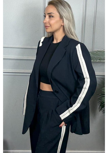 Lacivert Şerit Detaylı Kadın Pantolon Ceket Alt Üst Takım modelleri