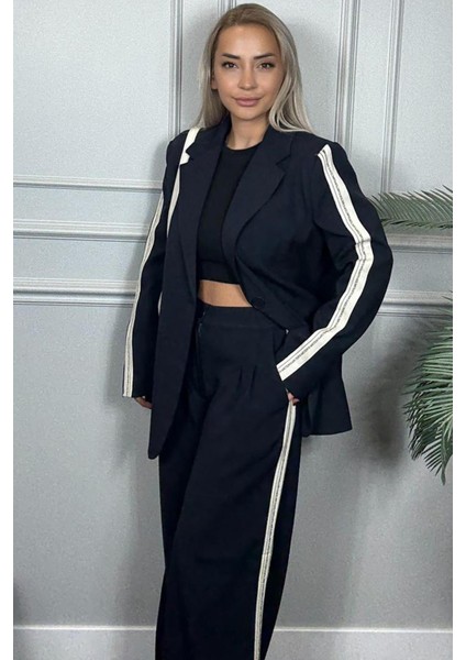 Lacivert Şerit Detaylı Kadın Pantolon Ceket Alt Üst Takım fırsatları