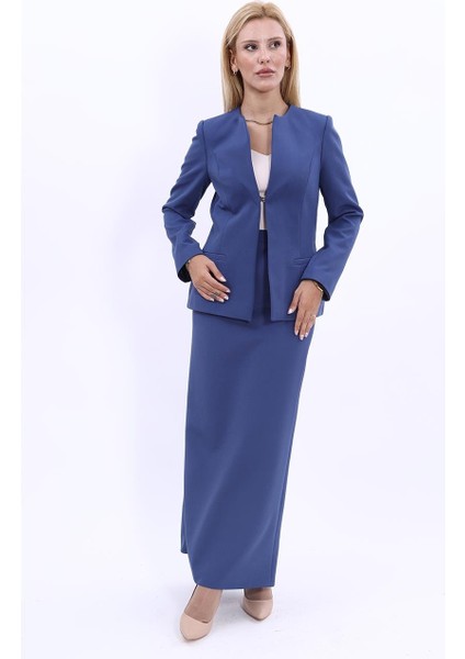 V Yaka Boydan Kuplu Kılasik Ceket & Uzun Düz Dar Etek-Indigo fiyatları
