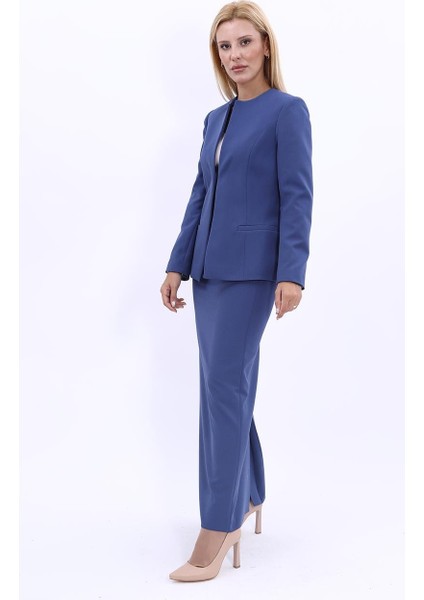 V Yaka Boydan Kuplu Kılasik Ceket & Uzun Düz Dar Etek-Indigo modelleri