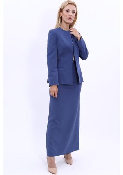V Yaka Boydan Kuplu Kılasik Ceket & Uzun Düz Dar Etek-Indigo fırsatları