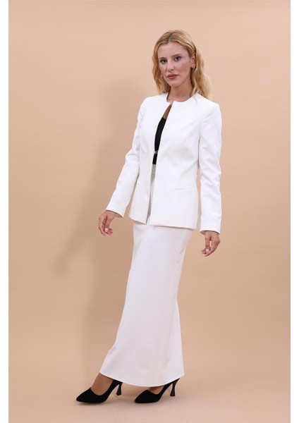Oval Yaka Yandan Kuplu Klasik Ceket & Uzun Düz Dar Etek-Beyaz fiyatları