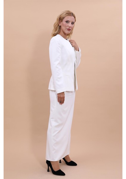 Oval Yaka Yandan Kuplu Klasik Ceket & Uzun Düz Dar Etek-Beyaz modelleri
