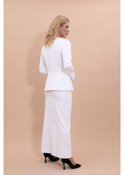 Oval Yaka Yandan Kuplu Klasik Ceket & Uzun Düz Dar Etek-Beyaz fırsatları