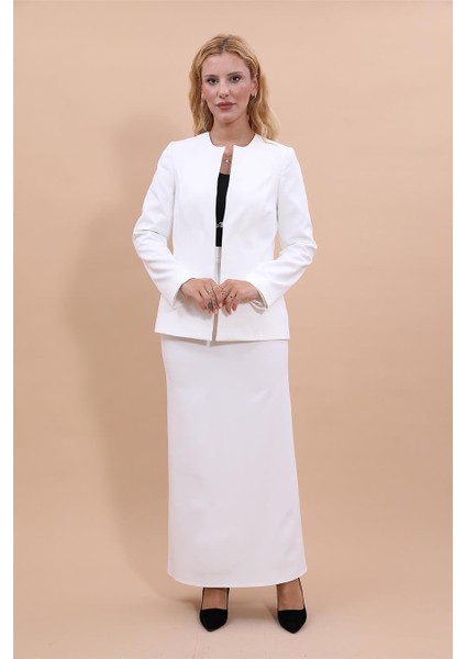 Oval Yaka Yandan Kuplu Klasik Ceket & Uzun Düz Dar Etek-Beyaz indirimleri