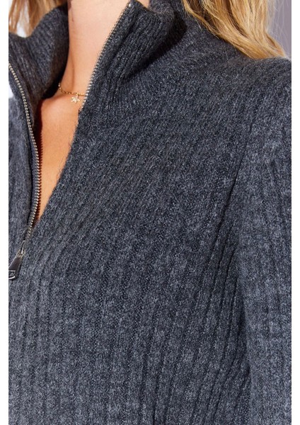 Yumuşak Soft Dokulu Fermuarlı Kadın Triko Hırka Antrasit indirimleri