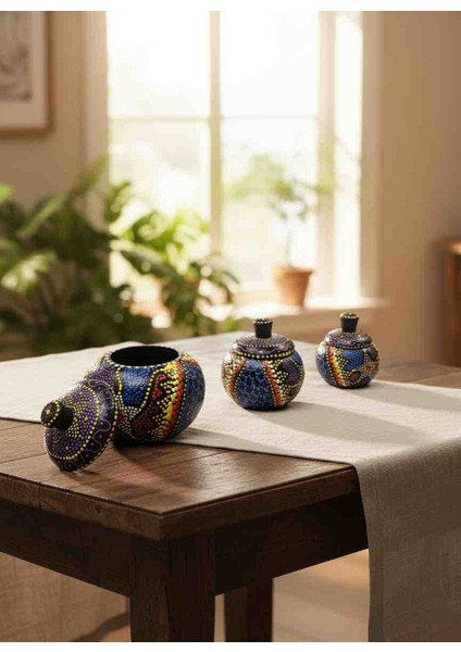 Ahşap Aborjin Desenli 3'lü Baharatlık Seti El Yapımı Doğal Tasarım Mutfak Dekoru Özel Sunum Lüks Baharat Takımı