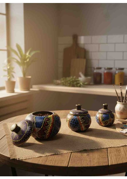 Ahşap Aborjin Desenli 3'lü Baharatlık Seti El Yapımı Doğal Tasarım Mutfak Dekoru Özel Sunum Lüks Baharat Takımı modelleri