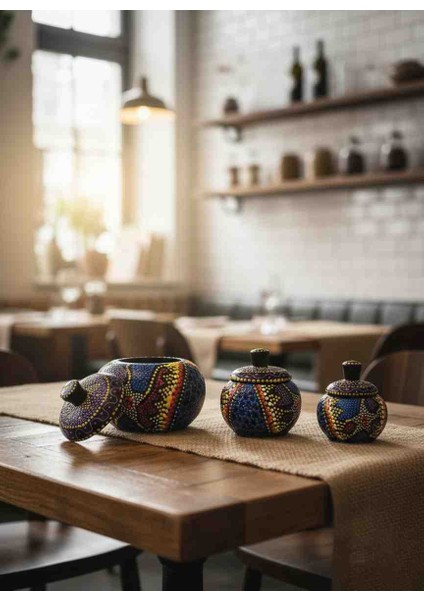 Ahşap Aborjin Desenli 3'lü Baharatlık Seti El Yapımı Doğal Tasarım Mutfak Dekoru Özel Sunum Lüks Baharat Takımı fırsatları