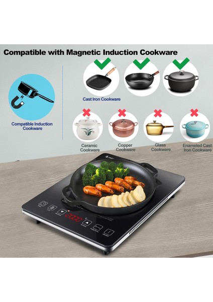 Taşınabilir Indüksiyon Ocak | 20 Güç ve Sıcaklık Seviyesi | 2000W Yüksek Hız, 3 Saat Zamanlayıcı indirimleri