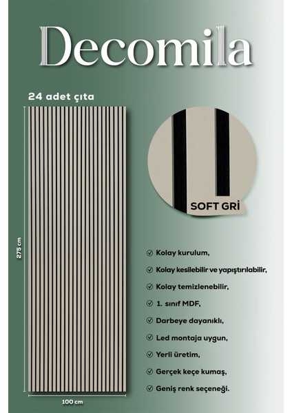 Mdf Ahşap Akustik Duvar Paneli 100X275 cm - Soft Gri (pvc) - Çizilmez