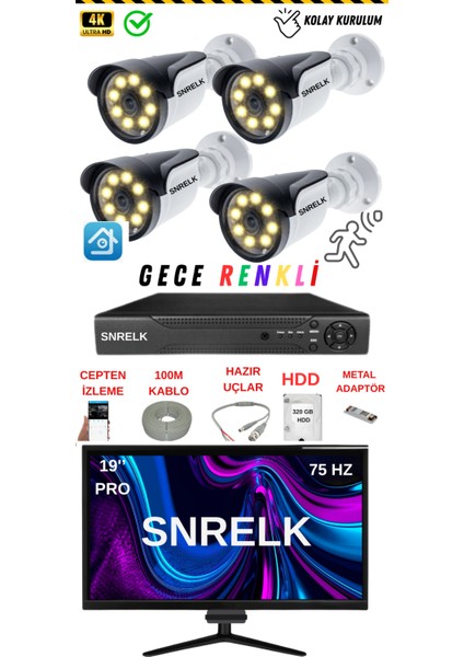 19'' Monitör 5mp Lens 4'lü Warm Lıght Gece Renkli 320 GB Güvenlik Kamerası Set