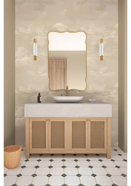 Premium Şık Asimetrik Ahşap Çerçeveli Ayna Ev Dekoru Estetik Duvar Aynası Banyo Aynası