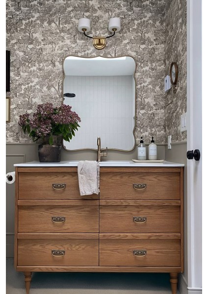 Premium Şık Asimetrik Ahşap Çerçeveli Ayna Ev Dekoru Estetik Duvar Aynası Banyo Aynası