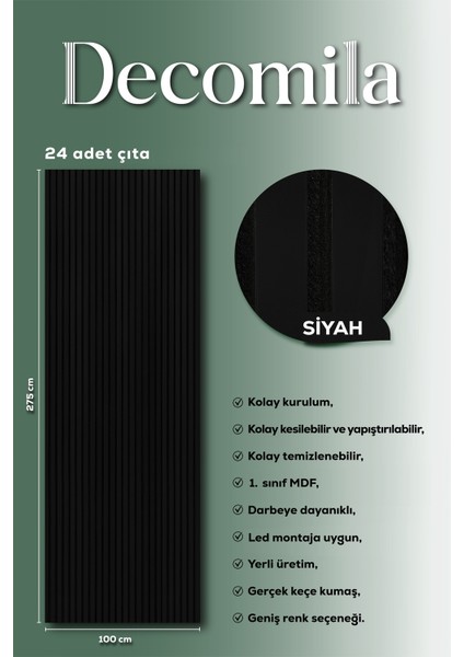Mdf Ahşap Akustik Duvar Paneli 100X275 cm - Siyah