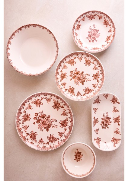 Antik Bordo 27 Parça 6 Kişilik Seramik Yemek Takımı Vintage Çiçek Desenli Yuvarlak Servis Seti fiyatları