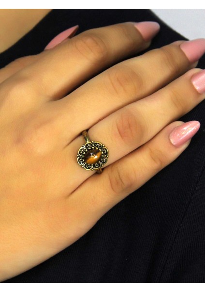 Doğal Taş Kaplangözü Doğal Taşlı Antik Model Kadın Ayarlanabillir Yüzük EUY77KG