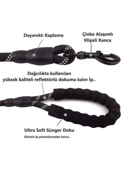 Köpekler Için Gezdirme Tasması Reflektörlü 130 cm Halat Orta ve Büyük Boy Köpekler Için Siyah - Lisinya fırsatları