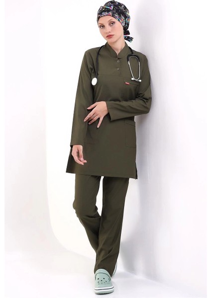 Soft Likralı Tesettür Forma Takım Iki Çıtçıt - 6427 Haki Yeşili