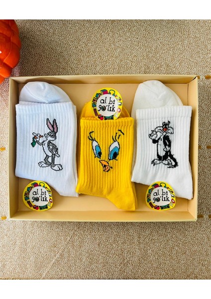 3'lü Bugs Bunny, Sylvester ve Tweety Desenli Kolej Set Çorap