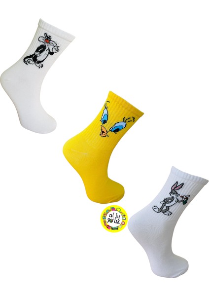 3'lü Bugs Bunny, Sylvester ve Tweety Desenli Kolej Set Çorap fiyatları