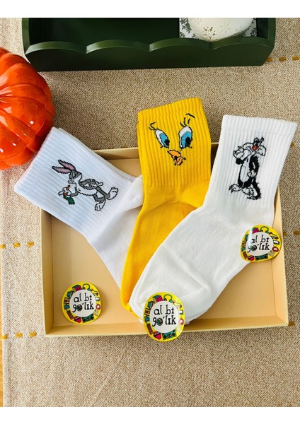 3'lü Bugs Bunny, Sylvester ve Tweety Desenli Kolej Set Çorap fırsatları