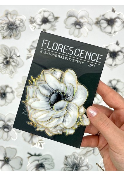 Florescence Altın Yaldızlı Siyah-Beyaz Özel Tasarım Anemon Çiçeği Sticker Seti/20 Adet/etiket/çıkartma