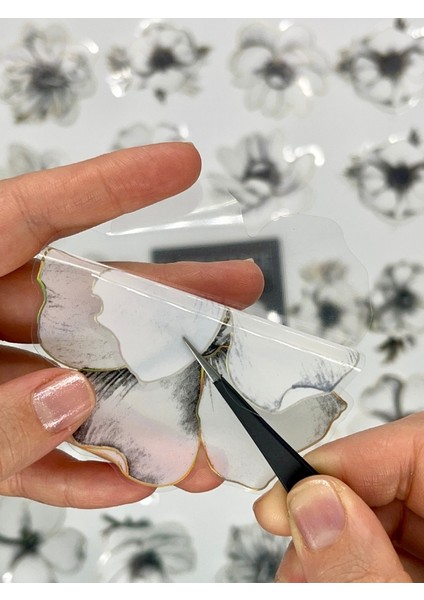 Florescence Altın Yaldızlı Siyah-Beyaz Özel Tasarım Anemon Çiçeği Sticker Seti/20 Adet/etiket/çıkartma fiyatları